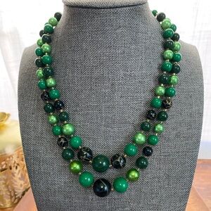 Beautiful Japan two strand acrylic necklace in greens and black.